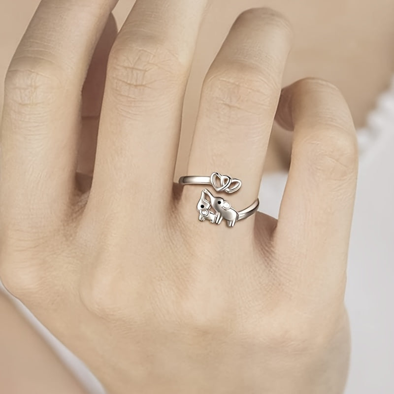 925 Sterling Silver Cute Elephant & Heart Wrap Ring